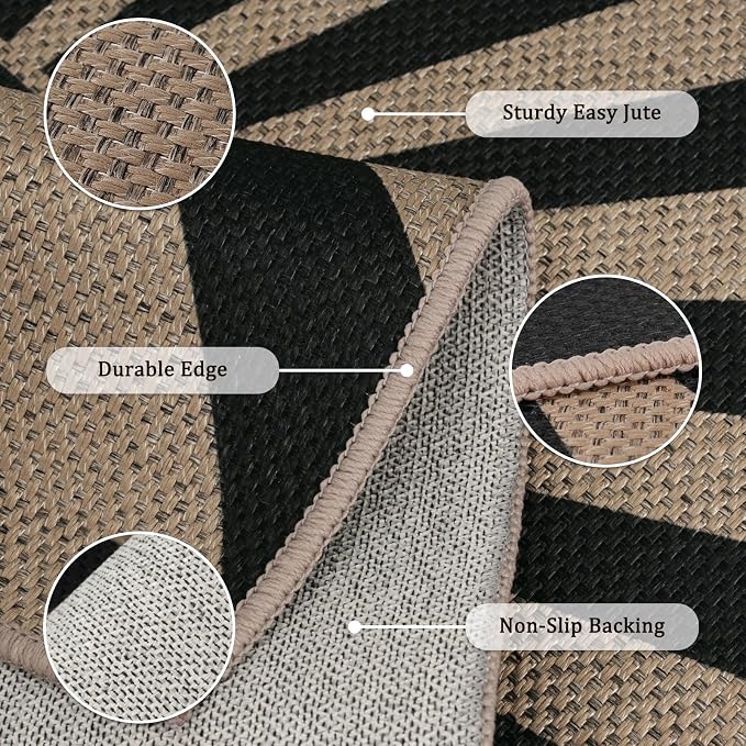 Easy Jute 2x3 Black Sun Area Rug,Washable Boho Entryway Rug, Small Modern Door Carpet,Neutral Non-Slip Outdoor Indoor Farmhouse Rug for Kitchen Patio Entry Porch