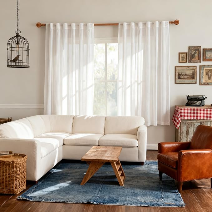 MYSKY HOME Short White Curtains for Kitchen Small Windows 45 inches Length, Linen Look Curtain Drapes Cotton Polyester Blend, Soft Fabric Light Filtering Privacy Protect, 50 x 45 inches, 2 PCs