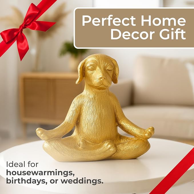 Meditating Dog Decorative Figurine – Zen Yoga Decor & Sculpture Accent – Polyresin Figurines & Sculptures Home Decor for Office, Bedroom, Living Room – 7" x 6", Gold