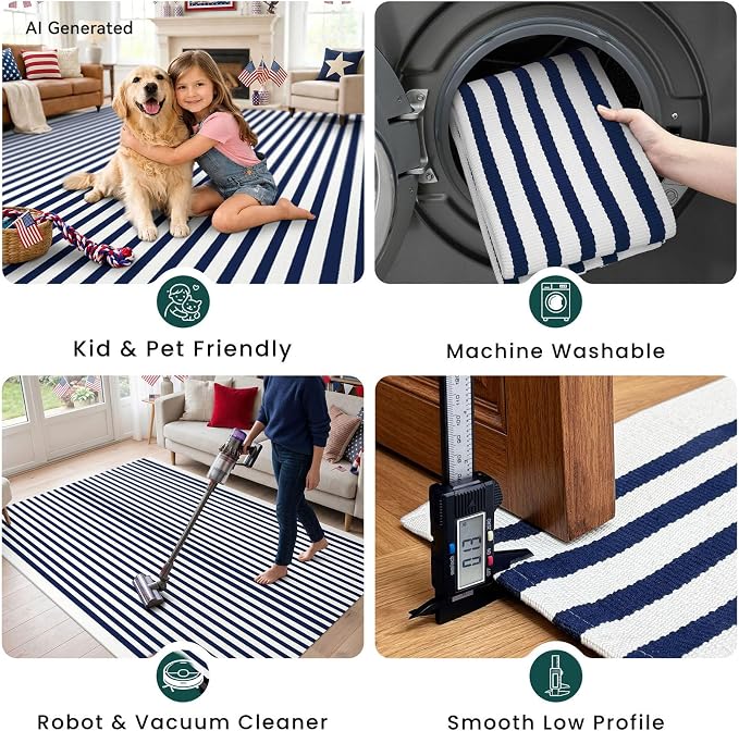 KOZYFLY Striped Rug 3x5 Front Door Rugs Blue White Cotton Woven Washable Indoor Outdoor Rug Entrance Doormat for Front Porch Kitchen Patio Independence Day Decor
