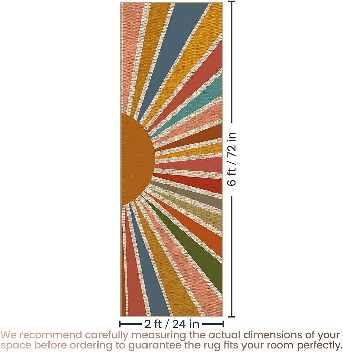 Washable Sun Easy Jute Runner Rug, 2x6 Rainbow Sun Modern Boho Retro Outdoor Indoor Patio Farmhouse Rug, Woven Ultra Thin Non Slip Long Runner Carpet Door Mat for Hallway Kitchen 6ft Entryway Porch