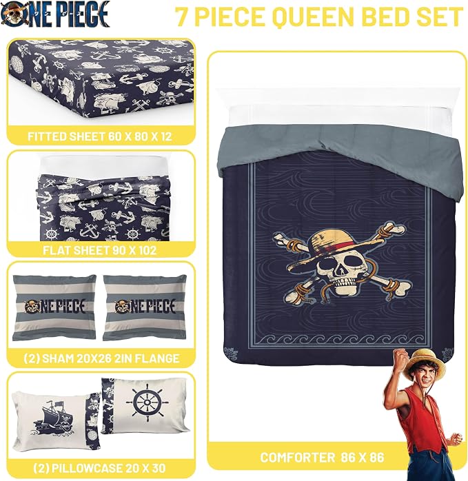 One Piece Luffy Queen Comforter Set 7 Piece Soft Anime Bedding, Blue | Bed in a Bag, Comforter Sheets Shams Pillowcases, Official Product, Soft Microfiber, Machine Washable, Kids Gift