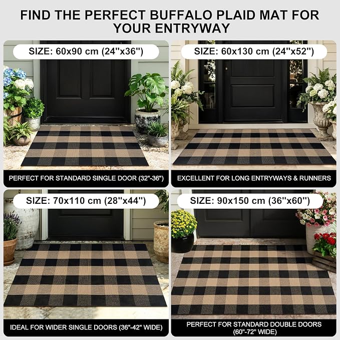 Uphome Bufflo Plaid Outdoor Rug 2'x3', Small Black Natural Checkered Front Door Mat for Fall Decor, Indoor Outdoor Farmhouse Cotton Porch Rug for Layered Door Mats, Washable Area Rugs for Entryway