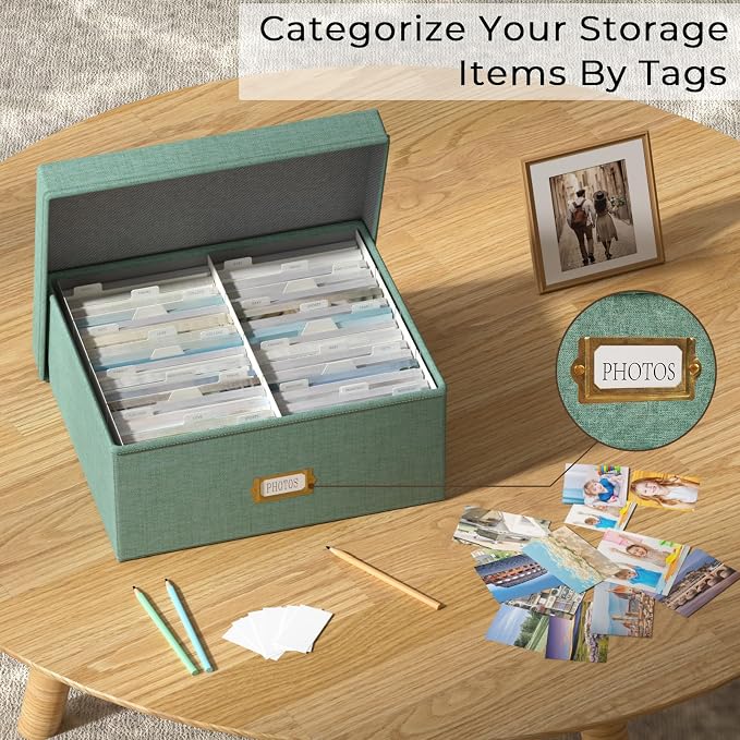 Decorative Photo Storage Box, 2 Pack Linen Photo Box Hold 1700 4x6 Pictures | Photo Storage Containers with 8 Dividers, Memory Keepsake Organizer for Photos, Scrapbook Supplies, Cards, Stamps, Green