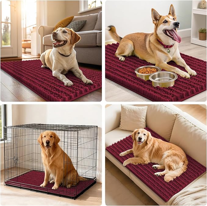 Smiry Dog Door Mat for Muddy Paws 24x16, Absorbent Dirt Trapper, Non-Slip Washable Chenille Entryway Rug for Inside Floor, Burgundy, Layered Pattern
