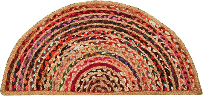 Boho Braided 1.5x3 Area Rug - Jute Chindi Half Circle Rug for Living Room Entryway, Farmhouse, Home Décor, Indoor Rugs Jute Door mat for Bathroom, Kitchen (Multi Natural, 1.5 X 3 ft)