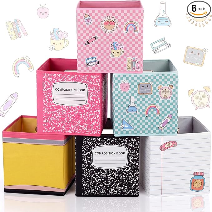 Gerrii 6 Pack 11 Inch Cube Storage Bins for Classroom Foldable Fabric Storage Cube Bins Pencil Composition Notebook Organizing Baskets with Grommet Handles for Back to School Organizer Shelves Decor