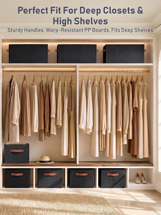 8 Pack Large Closet Storage Baskets Bins for Shelves, Collapsible Fabric Closet Organizers and Storage with Polyester Handles, Decorative Baskets for Organizing Clothes, Towels, Linen Closet 16x12x10"