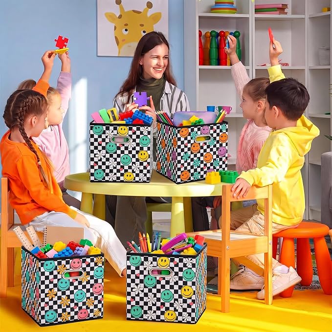Gerrii 6 Pack 11 Inch Cube Storage Bins for Classroom Foldable Fabric Storage Cube Bins Checkered Smile Face Organizing Baskets with Grommet Handles for Back to School Organizer Shelves Decor