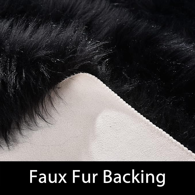 Latepis Black Faux Fur Round Rug 6.7ft Shag Sheepskin Rug for Bedroom Fluffy Carpet for Living Room Furry Rugs for Playroom Luxury Home Decor