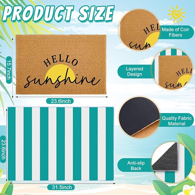 2 Pcs Layered Front Porch Decor, Hello Sunshine Welcome DoorMats Summer Coastal Entryway Rug Set, Light Blue White Striped Crystal Velvet Base and PVC Coil Door Mat, 15.7x23.6 & 23.6x31.5