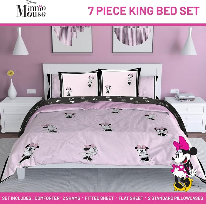 Jay Franco Kids Comforter Set Includes Sheets and Pillow Covers - Soft and Cozy Bed Set for Stylish Room Decor, Official Licensed Bedding, Multi - Minnie Mouse, 7 Piece King