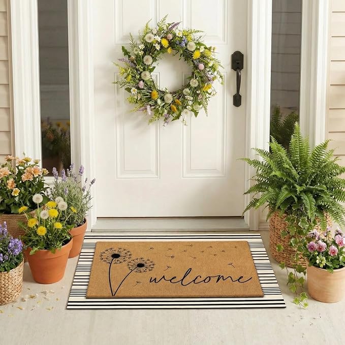 Tinideya 2 Pcs Summer Door Mat Dandelion Welcome Non Slip Spring Coir Mats Floor Layering Doormats Seasonal for Front Porch Entryway Decor(Dandelion)