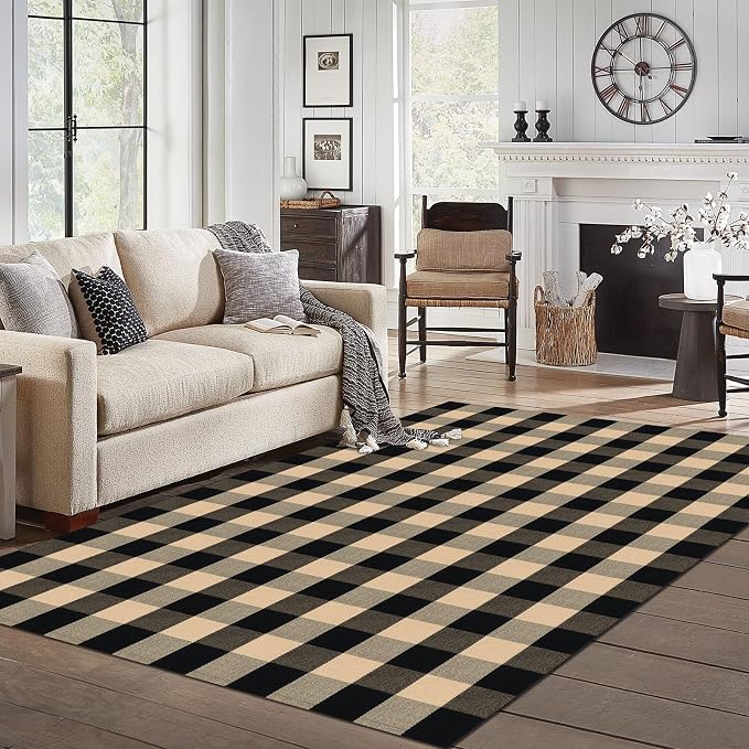 IOHOUZE Buffalo Plaid Rug 5x7 Ft Indoor Outdoor Rug, Washable Rugs for Living Room, Spring Summer Welcome Mats Outdoor, Cotton Area Rug for Farmhouse/Entryway/Home Entrance,Tan Black