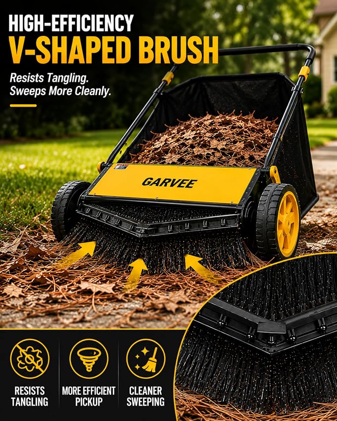 21 Inch Push Lawn Sweeper with 3.5 Cu. Ft. Large Mesh Collection Bag | Heavy Duty Steel Frame, 10" Rubber Wheels, 4 Spinning Brushes, Manual Height Adjustment for Leaves, Grass and Yard Debris