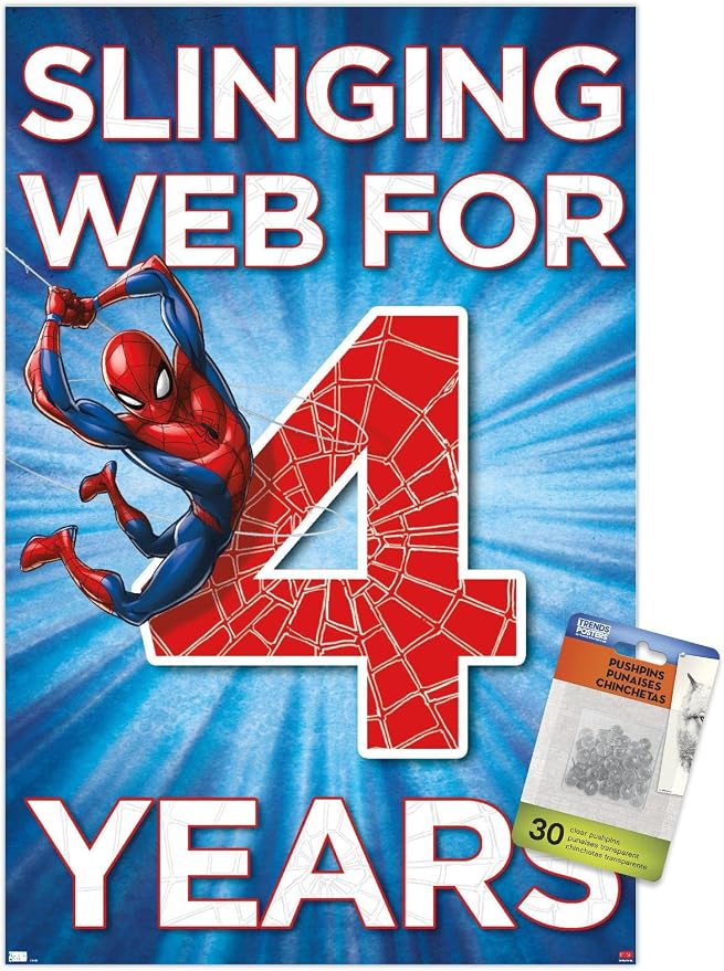 Trends International Marvel Spider-Man - Happy 4th Birthday Wall Poster, 14.72" x 22.37", Premium Poster & Push Pin Bundle