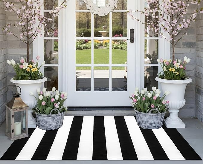 Striped Outdoor Rug 24"x51",Cotton Woven Washable Black and White Front Door Mat Farmhouse Layered Door Mats Throw Rugs for Porch/Bedroom/Home Entrance Decor