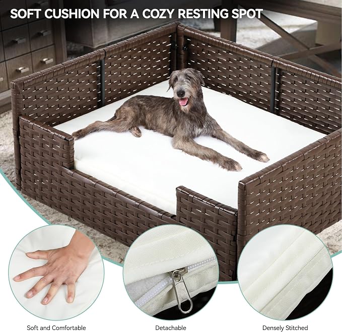 YITAHOME Rattan Dog Sofa Bed with Cushion,Wicker Pet Bed Sofa Couch Indoor Outdoor Waterproof for Large Medium Small Dogs Cats (38.6''L*26.4''W*15''H,Beige)