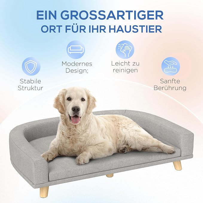 PawHut Dog Sofa Couch, Pet Bed with Comfortable Luxury Cushion, Washable Cover, Wooden Legs, Anti-Slip Mat for Large Dogs, Cats, Kittens, Gray