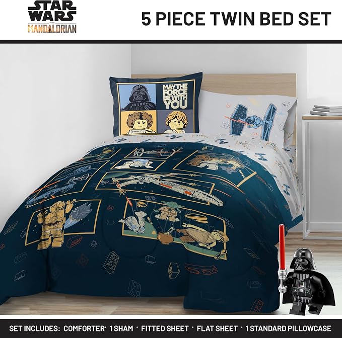 LEGO® Star Wars Twin Comforter Set 5 Piece Soft Kids Bedding, Blue | Darth Vader R2D2, Comforter Sheets Sham Pillowcase, Official Product, Soft Microfiber, Machine Washable, Easy Care, Kids Gift