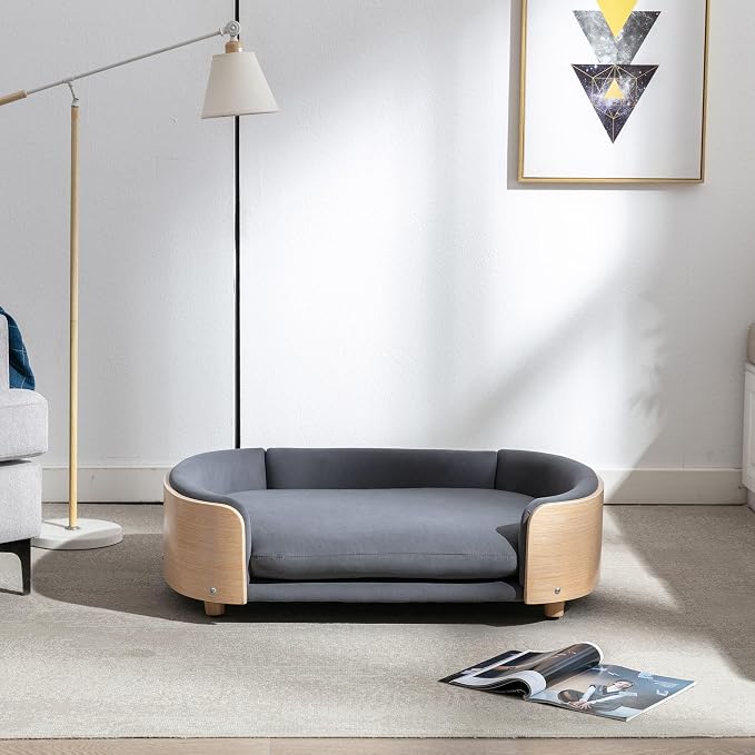 Scandinavian Style Elevated Dog Bed Pet Sofa with Solid Wood Legs and Bent Wood Back, Velvet Cushion, Large Size, Natural Frame & Dark Grey Cushion
