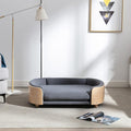 Scandinavian Style Elevated Dog Bed Pet Sofa with Solid Wood Legs and Bent Wood Back, Velvet Cushion, Large Size, Natural Frame & Dark Grey Cushion