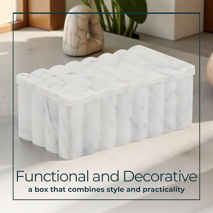 Marble Decorative Storage Box with Lid – Sculpted Fluted Home Organizer Keepsake Boxes for Jewelry – Chic Decorative Box for Office and Home Decor – 4"x3", White