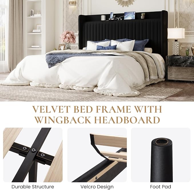 SHA CERLIN King Size Velvet Bed Frame with Shelf, Charging Station, Black | Wingback Storage Headboard, Upholstered Platform Bed, Wooden Slats Support, No Box Spring Needed, Easy Assembly, Noise Free