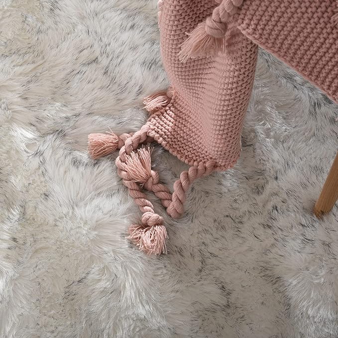 Goolela Sheepskin Area Rug 8x10 Fluffy Fuzzy Furry Carpet for Living Room Bedroom Faux Fur Plush Rectangle - White and Grey Tips
