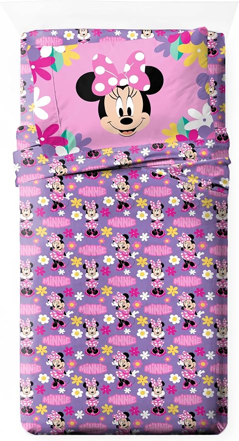 Jay Franco Kids Sheet Set with Fitted, Flat Sheets & Pillow Cover - Ultra-Soft Bedding with Pillowcase for Room Decor, Purple - Minnie Mouse, 3 Piece Twin