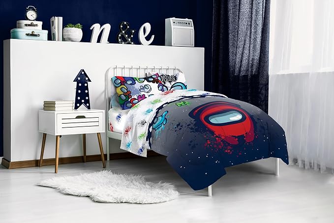 Among Us Full Size Comforter Set 5 Piece Kids Video Game Bedding, Multi | Bed in a Bag, Comforter Sheets Pillowcases, Official Product, Soft Microfiber, Machine Washable, Easy Care, Kids Gift