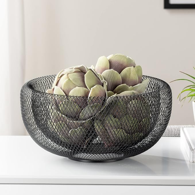 Torre & Tagus 11 Inch Black Double Wall Wire Mesh Metal Decorative Bowl, Modern Fruit Bowl Basket for Kitchen Island, Dining Room Table, Entryway Console, Great Room Accent Table, Home Office Decor