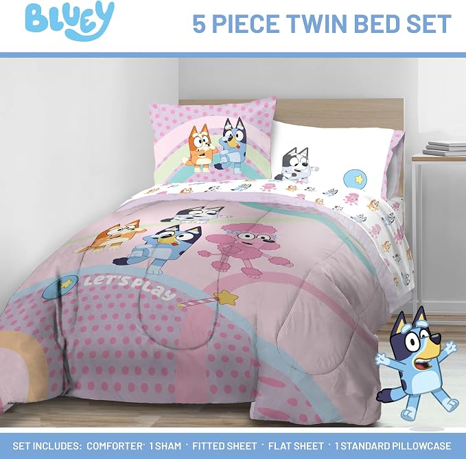 Jay Franco Bluey & Bingo Kids Comforter Set - 5 Piece Twin Bed in a Bag, Soft Microfiber Bedding with Sheets and Sham, Machine Washable, Officially Licensed, Pink