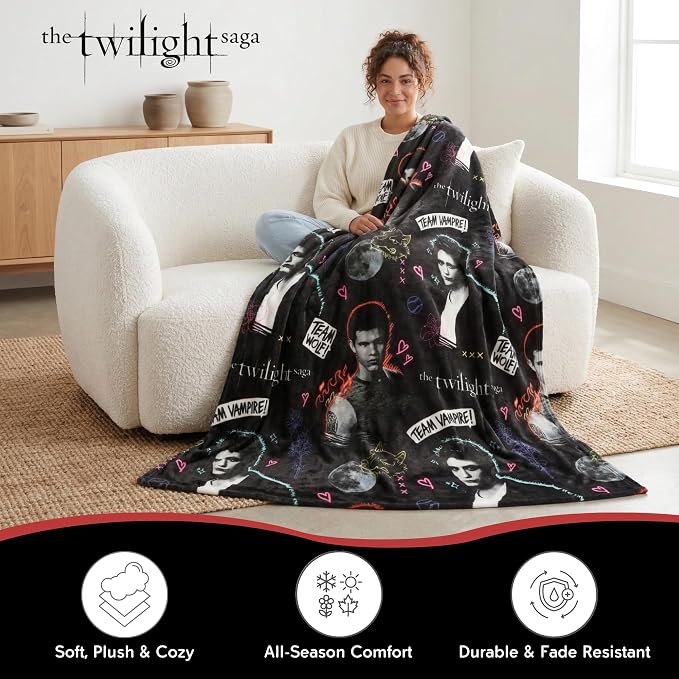 Twilight The Saga Throw Blanket, Super Soft Cozy Plush Bedding, 60" x 46", Team Jacob Team Edward (Officially Licensed Product) by Franco Collectibles