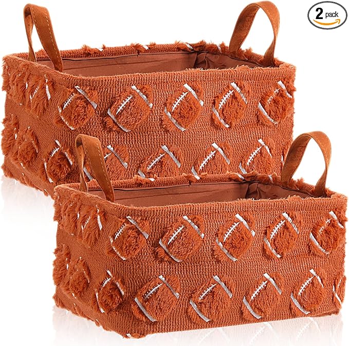 2 Pcs Football Storage Baskets 14x10'' Back to School Gift Basket | Sport, Foldable, Fluffy, Laundry Storage Bin with Handle, Closet Organizer, Preppy Dormitory, Countertop Tabletop Shelf