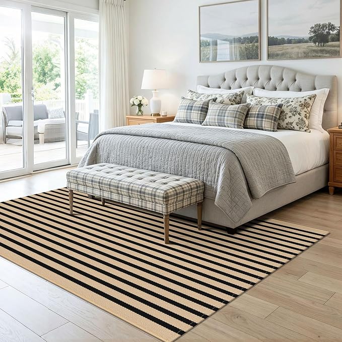 KOZYFLY Brown and Black Rug 5x7 ft Area Rug Woven Washable Striped Rugs Cotton Farmhouse Indoor Outdoor Rugs for Living Room Bedroom Dining Room Porch Patio Carpet