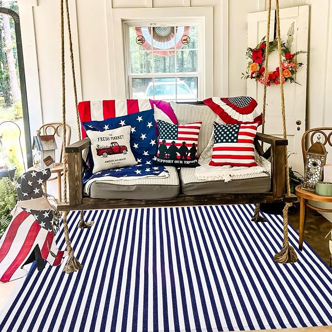 CAINANEL Blue and White Striped Rug 4th of July Door Mat 4' x 6' Summer Front Porch Rug Independence Day Welcome Doormats for Farmhouse Entrance Porch Outdoors Decor (Blue and White, 4' x 6')