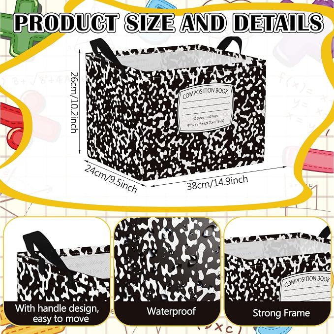 6 Pack Back to School Teacher Baskets with Handles Collapsible Rectangle Storage Basket Pencil Notebook Apple Ruler Crayon Cute Canvas Organizer Bin for Classroom Gifts Book Closet Shelf Nursery Decor