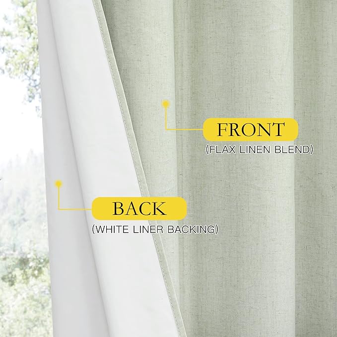 NICETOWN Sage Green Linen 100% Blackout Curtains 120 inches Length with Thermal Insulated Liners, 2 Panels, 52 inches W, Farmhouse Style Extra Long Window Draperies for Patio Sliding Glass Door