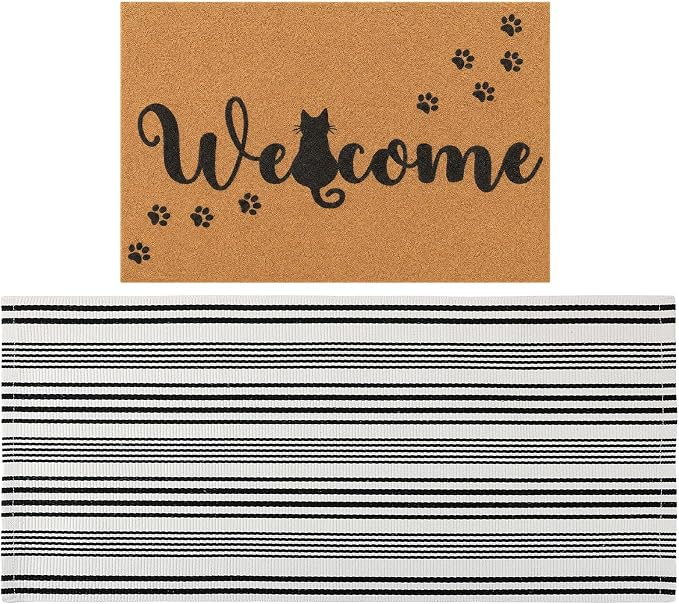 2 Pcs Outdoor Door Mat Combo Set Layered Outdoor Rug and Coir Welcome Doormat Non Slip Outside Floor Mat for Front Porch Entryway Patio Yard Decor(Cat Paw,24'' X 51',18'' X 28'')