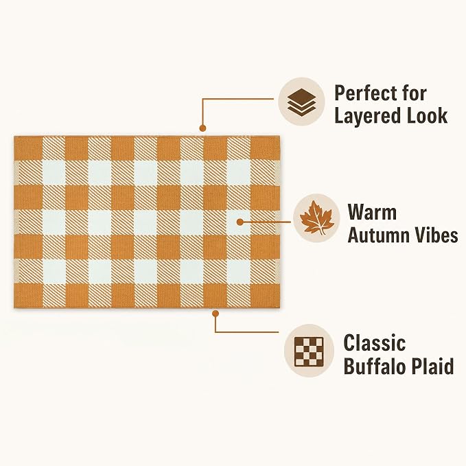 Caramel and White Buffalo Plaid Rug 4'x6', Machine Washable Layering Mat for Front Door, Entryway, Kitchen, Indoor Outdoor Low Profile Cotton Woven Check Rug