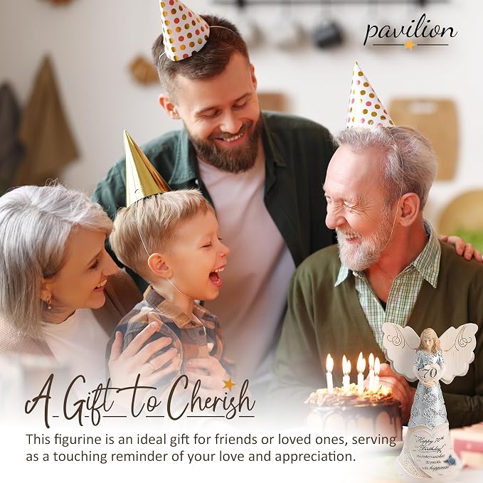 Pavilion 'Happy 70th Birthday' 82416 Elements Angels - Polyresin Birthday Angel Figurine - Silver Hand-Painted Remembrance and Keepsake Gift Angel for Grandmothers, Mothers, Aunts, Friends, Women