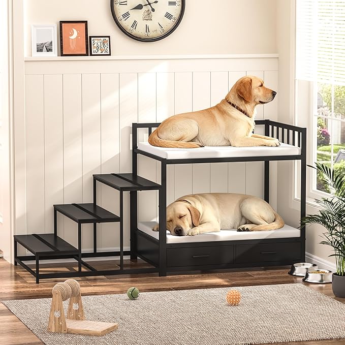 GDLF Dog Bunk Beds for Large Dogs, Dog Bedside Bed with Stairs & Storage, Space-Saving Indoor pet Furniture