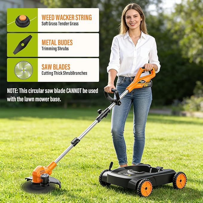 18.9" Cordless Lawn Mower, String Trimmer & Wheeled Edger 3-in-1 Combo, Brushless 2 * 4.0Ah Batteries, 3 Blades, Adjustable Height & Angle Electric Weed Eater and Lawnmower