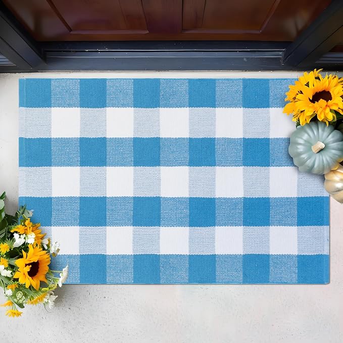 Buffalo Plaid Outdoor Rugs, 3'x5' Blue and White Checkered Indoor Outdoor Area Rug, Layering Rug for Welcome Door Mat, Washable Cotton Woven Farmhouse Mat for Spring Easter Front Porch Décor