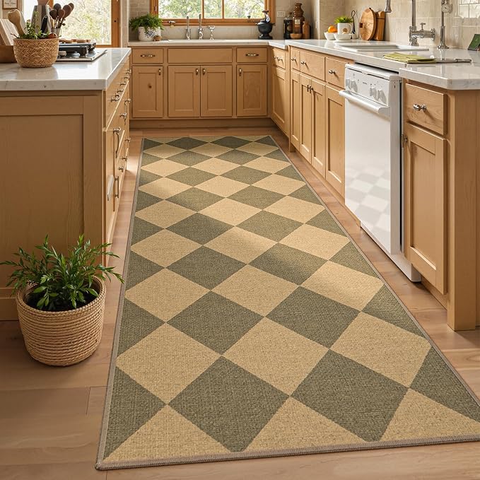 Lessymo Checkered Runner Rug 2.6x8 for Hallway, Washable Kitchen Runners | Non Slip Easy Jute for Entryway, Farmhouse Geometric Indoor Carpet Outdoor Rugs for Patio Backyard Porch, Diamond Brown/Beige