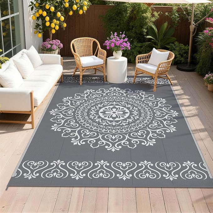 Pauwer Outdoor Rug 6x9, Waterproof Plastic Straw Camping Rug, Floral Grey | Reversible Patio Rug, UV Resistant Indoor Outdoor RV Mat Carpet For Deck, Camper, Porch, Balcony, Backyard, Picnic, Foldable