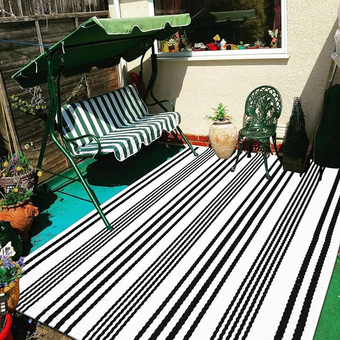 LEEVAN 5'X8' Black and White Striped Woven Cotton Reversible Outdoor Rug | Machine Washable Front Porch Rug, Entryway Door Mat, Indoor Layering Carpet for Balcony Farmhouse Laundry Patio
