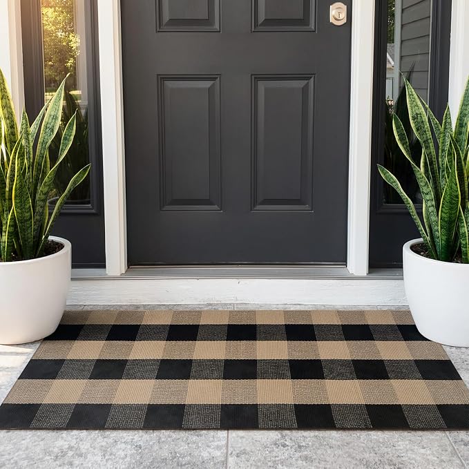 OJIA Buffalo Plaid Checkered Rug 24"x51" Fall Front Door Mat Outdoor Rugs | Black Tan Washable Door Mats Outdoor Entrance Woven Welcome Mat Indoor Outdoor Farmhouse Layered Doormats for Porch Entryway