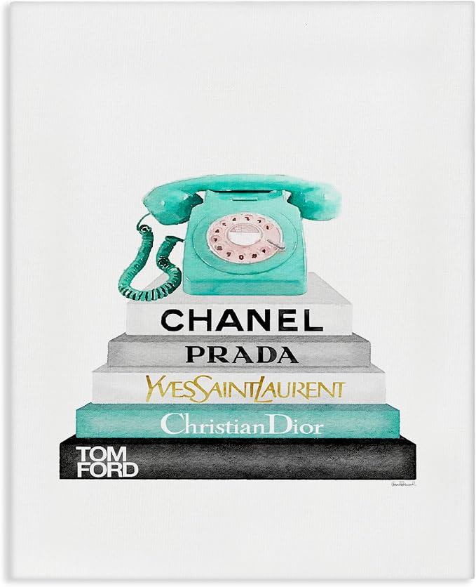 Stupell Industries 'Grey Teal and Black Fashion Bookstack with Teal Phone', Canvas Art, 30 x 40 Inches, Easy to Hang and Sturdy, Made in USA, by Amanda Greenwood